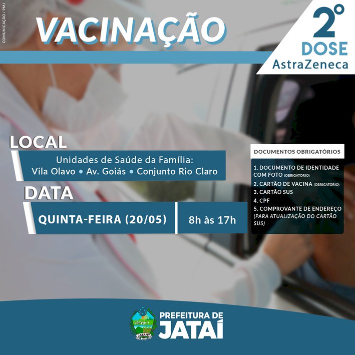 COMUNICADO: 2ª dose da AstraZeneca estará disponível nesta quinta-feira, 20