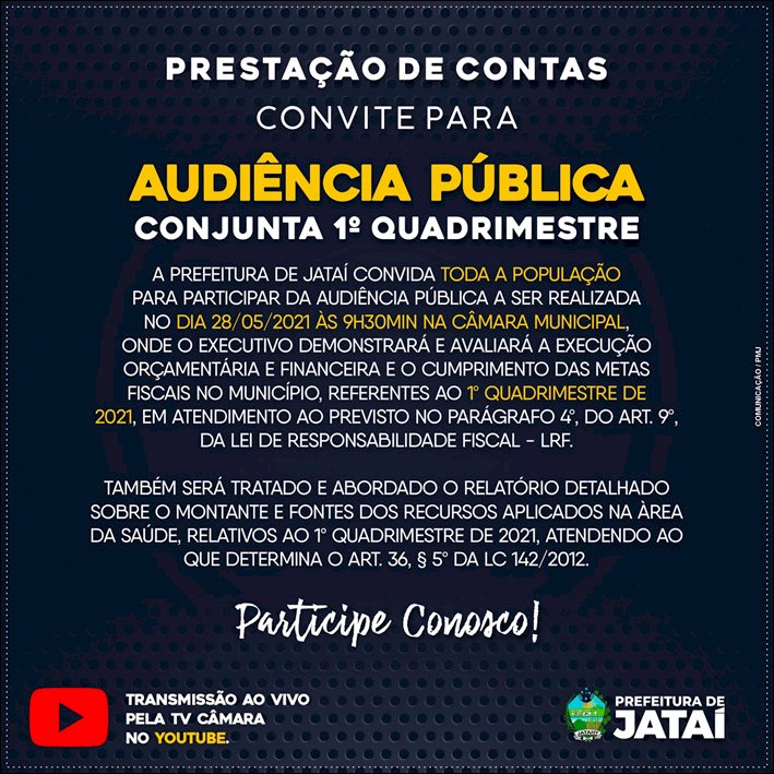 Prestação de Contas: Prefeitura de Jataí convida a população para a audiência pública