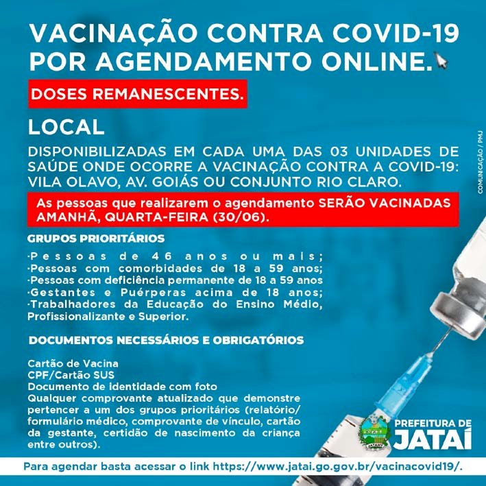 VACINAÇÃO CONTRA COVID-19 AGENDAMENTO ONLINE SALDO DE DOSES REMANESCENTES