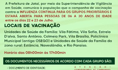 INFLUENZA: VACINAÇÃO PARA GRUPOS PRIORITÁRIOS E PESSOAS DE 06 A 30 ANOS DE IDADE