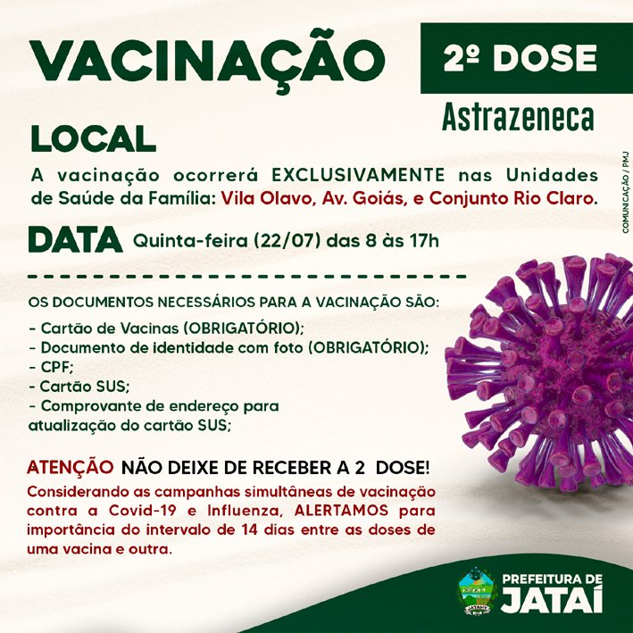 2ª DOSE DA VACINA ASTRAZENECA ESTARÁ DISPONÍVEL NESTA QUINTA-FEIRA (22/07)