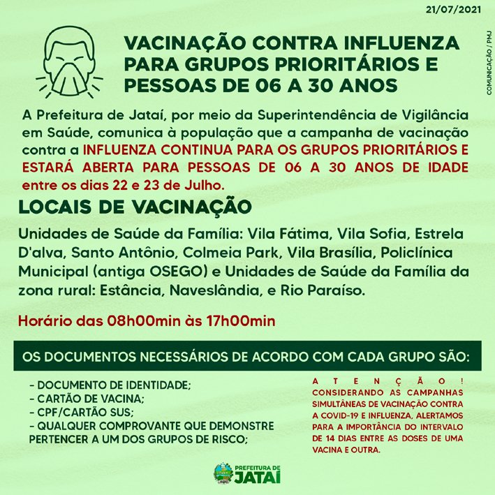 INFLUENZA: VACINAÇÃO PARA GRUPOS PRIORITÁRIOS E PESSOAS DE 06 A 30 ANOS DE IDADE