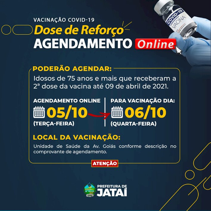 REFORÇO: VACINA CONTRA COVID-19 PARA IDOSOS DE 75 ANOS E MAIS CONTINUA NESTA QUARTA-FEIRA (AGENDAMENTO ONLINE)