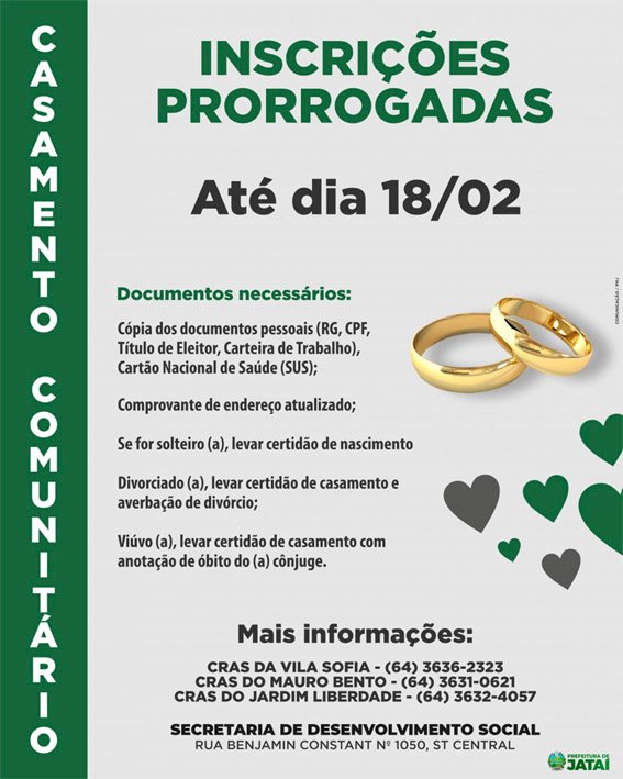 Inscrições para o Casamento Comunitário 2022 só até sexta-feira, (18)