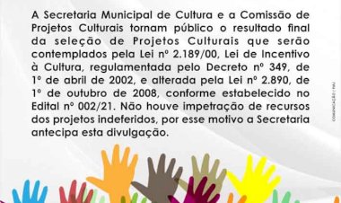 CULTURA PUBLICA RESULTADO FINAL REFERENTE A LEI MUNICIPAL DE INCENTIVO À CULTURA - Edital nº 002/21