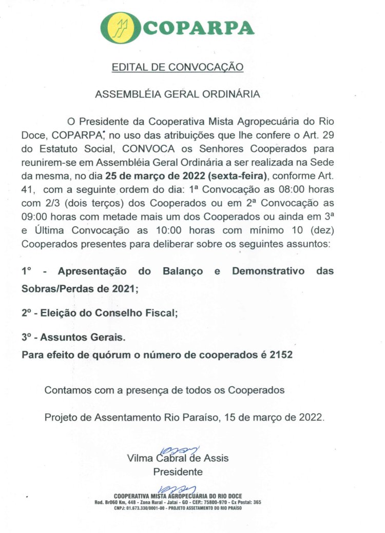 EDITAL DE CONVOCAÇÃO - ASSEMBLEIA GERAL ORDINÁRIA