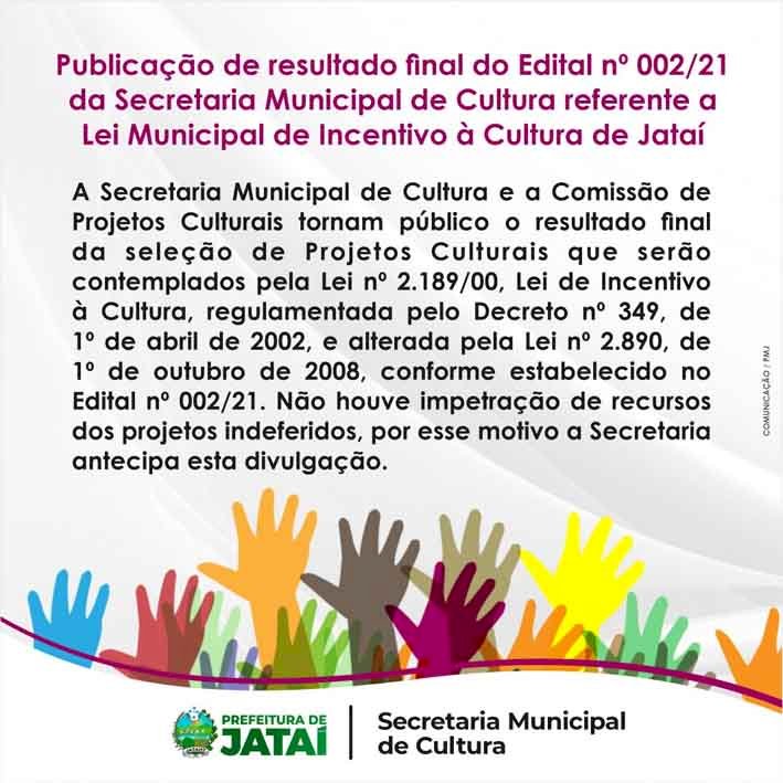 CULTURA PUBLICA RESULTADO FINAL REFERENTE A LEI MUNICIPAL DE INCENTIVO À CULTURA - Edital nº 002/21