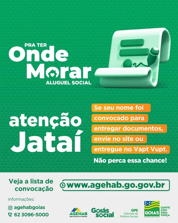 Atenção para o prazo de entrega de documentos do Programa Aluguel Social em Jataí