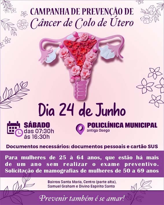 Saúde da Mulher: Prefeitura realiza campanha para coleta do Preventivo dia 30/06 no Conj. Rio Claro