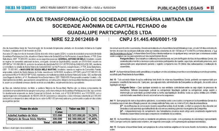 ATA DE TRANSFORMAÇÃO DE SOCIEDADE EMPRESÁRIA LIMITADA EM  SOCIEDADE ANÔNIMA DE CAPITAL FECHADO de GUADALUPE PARTICIPAÇÕES LTDA